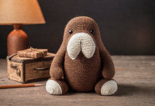 Little cute walrus handmade toy on simple wooden background. Amigurumi toy making, knitting, hobby
