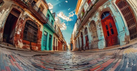 Fisheye Lens View of Cobblestone Street in Buenos Aires
