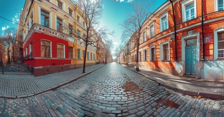Cobblestone Street With Red Building in Background - Powered by Adobe