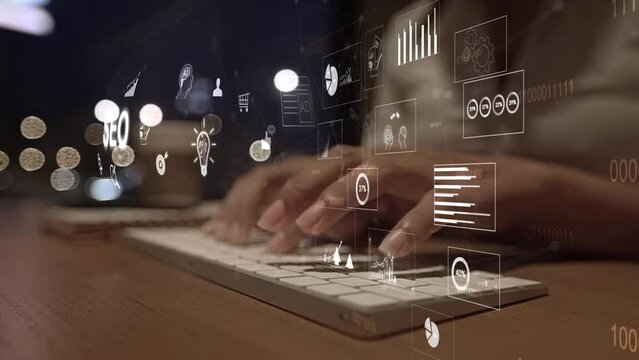 SEO - Search Engine Optimization for Online Marketing conceptual . Modern graphic interface showing symbol of keyword research web promotion by optimize customer search and analyze market