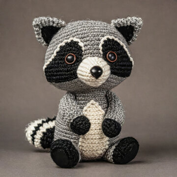 Little cute raccoon handmade toy on simple background. Amigurumi toy making, knitting, hobby