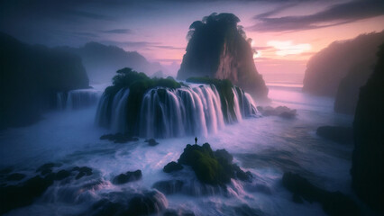 Solitary figure gazing at ethereal waterfall cliffs during dusk, magical interplay of water and...