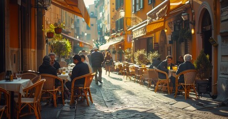 Fototapeta na wymiar People Sitting at Tables in an Alleyway of a City