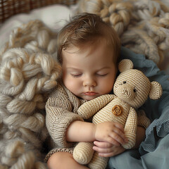 sleeping little baby holding his toy