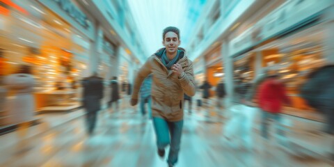 A young brunette Caucasian man exudes confidence and vitality as he strikes a dynamic pose against the blurred backdrop of a modern, motion-blurred shopping mall filled with bustling shoppers.