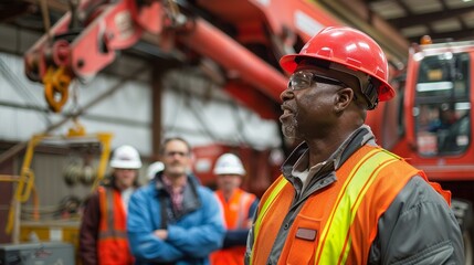 A crane operator conducting a safety briefing or training session for new crew members, emphasizing best practices and procedures for crane operations, #craneoperator