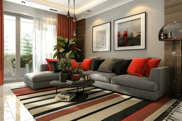 Modern living room interior with sofa, stylish home decor and modern interior background