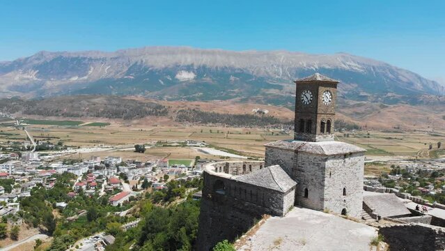Drone View of Medieval Gjirokastra Castle and town in Albania