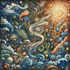 Doodle shape illustration as a collage of many elements of objects, planetary systems and contrast of day and night	