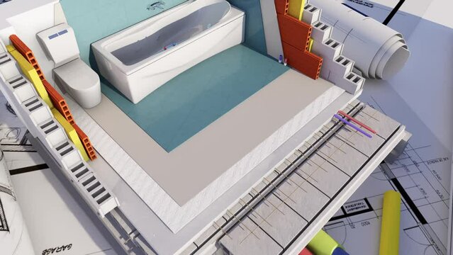 Technical details of a bathroom construction, 3D animation of the technical details of a bathroom construction in an architecture project
