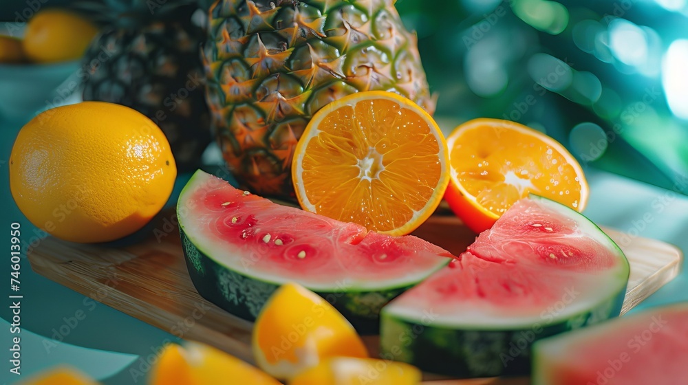 Wall mural watermelon slices on a table with pineapple and oranges