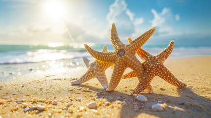 Fototapeta na wymiar Immerse yourself in a tropical paradise—starfish, sandy beach, and ocean, captured in stunning detail with shallow depth of field