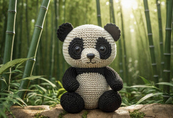 Little cute panda handmade toy on beautiful bamboo forest background. Amigurumi toy making,...