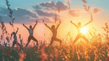 Fototapeta premium A group of people performing yoga poses in a serene field at sunset, promoting wellness and harmony with nature. 