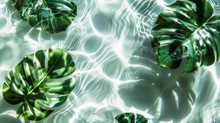 Tranquil Waters, Top View of Clear, Pristine Water with a Vibrant Green Tropical Leaf, Sunlight Dancing on the Surface. Ample Space for Text