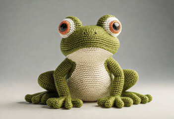 Little cute frog handmade toy on simple background. Amigurumi toy making, knitting, hobby