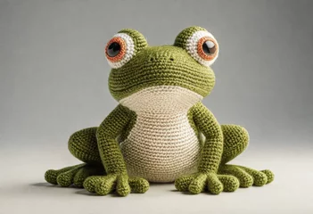 Deurstickers Little cute frog handmade toy on simple background. Amigurumi toy making, knitting, hobby © Павел Абрамов
