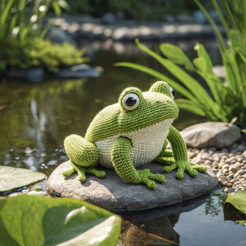 Little cute frog handmade toy on beautiful pond background. Amigurumi toy making, knitting, hobby