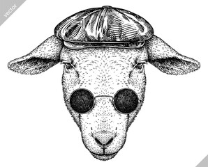 Vintage engraving isolated lamb glasses dressed fashion set illustration ram ink sketch. Farm animal sheep background mutton silhouette sunglasses hipster hat art. Hand drawn vector image © Turaev