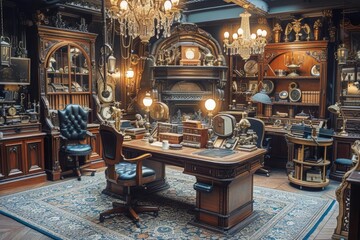 Victorian Steampunk Office With Chandelier and Lots of Furniture - obrazy, fototapety, plakaty