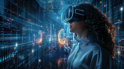 Virtual strategy: professional woman in a suit utilizes VR to manipulate digital charts in office