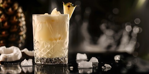 Elegant cocktail on dark bar backdrop, perfect for a classy evening. exotic pineapple garnish, stylish glassware. ideal for menus and ads. AI