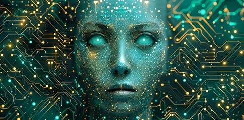 Glowing Blue-Eyed Woman With Circuit Board Background