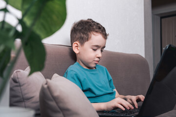 Young boy engrossed in using a laptop at home
