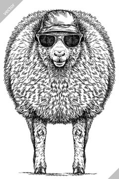 Vintage engraving isolated lamb glasses dressed fashion set illustration ram ink sketch. Farm animal sheep background mutton silhouette sunglasses hipster hat art. Hand drawn vector image