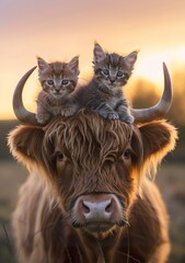 A thick-coated Scottish highland cow with a kitten on its head. An enchanting scene of grandeur and delicacy of a cow with a playful kitten. - obrazy, fototapety, plakaty