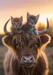 Foto op Canvas A thick-coated Scottish highland cow with a kitten on its head. An enchanting scene of grandeur and delicacy of a cow with a playful kitten. © Vagner Castro