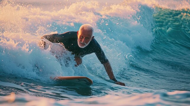 Active senior man surfing at the ocean. A wise senior man gracefully navigating the ocean waves.