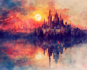 Fototapeta na wymiar Ancient kingdoms at dawn watercolor majestic castles reflecting in serene lakes