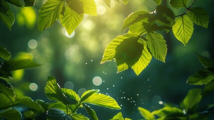 Sunlight Filtering Through Tree Leaves in Spring Forest - obrazy, fototapety, plakaty