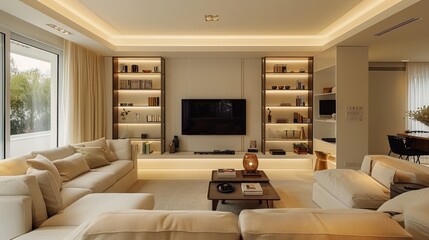 Fototapeta na wymiar Stylish Living Room With Furniture and Flat Screen TV