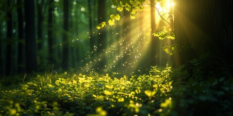 Sunlight Filtering Through Trees in Forest