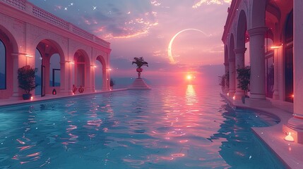 mosque with calm pool and crescent moon with blinking stars animation ramadan greeting concept, Ramadan Kareem poster and showcasing elegant Islamic lanterns, and a arabic ornaments - obrazy, fototapety, plakaty