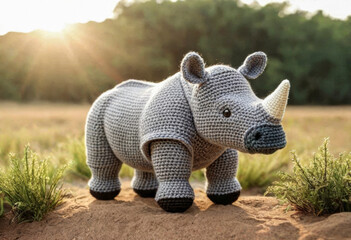 Little cute rhino handmade toy on beautiful summer landscape background. Amigurumi toy making, knitting, hobby - obrazy, fototapety, plakaty