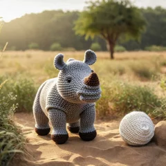 Foto op Plexiglas Little cute rhino handmade toy on beautiful summer landscape background. Amigurumi toy making, knitting, hobby © Павел Абрамов