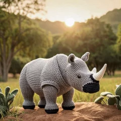 Foto op Canvas Little cute rhino handmade toy on beautiful summer landscape background. Amigurumi toy making, knitting, hobby © Павел Абрамов