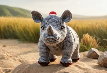 Sierkussen Little cute rhino handmade toy on beautiful summer landscape background. Amigurumi toy making, knitting, hobby © Павел Абрамов