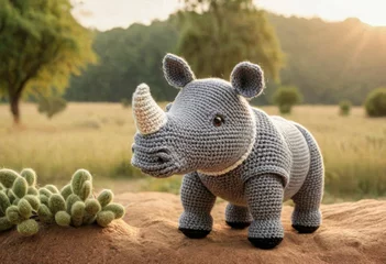 Foto auf Alu-Dibond Little cute rhino handmade toy on beautiful summer landscape background. Amigurumi toy making, knitting, hobby © Павел Абрамов