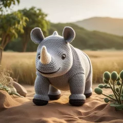 Selbstklebende Fototapeten Little cute rhino handmade toy on beautiful summer landscape background. Amigurumi toy making, knitting, hobby © Павел Абрамов