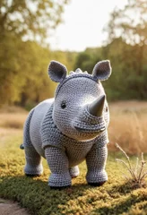 Tuinposter Little cute rhino handmade toy on beautiful summer landscape background. Amigurumi toy making, knitting, hobby © Павел Абрамов