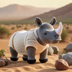 Deurstickers Little cute rhino handmade toy on beautiful summer landscape background. Amigurumi toy making, knitting, hobby © Павел Абрамов