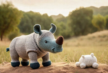 Little cute rhino handmade toy on beautiful summer landscape background. Amigurumi toy making,...