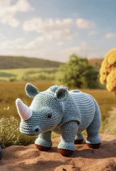 Keuken spatwand met foto Little cute rhino handmade toy on beautiful summer landscape background. Amigurumi toy making, knitting, hobby © Павел Абрамов