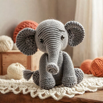 Little cute elephant handmade toy on room background. Amigurumi toy making, knitting, hobby