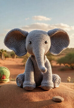 Little cute elephant handmade toy on beautiful summer landscape background. Amigurumi toy making, knitting, hobby