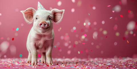 A piglet in a party hat surrounded by confetti, with a soft pink background